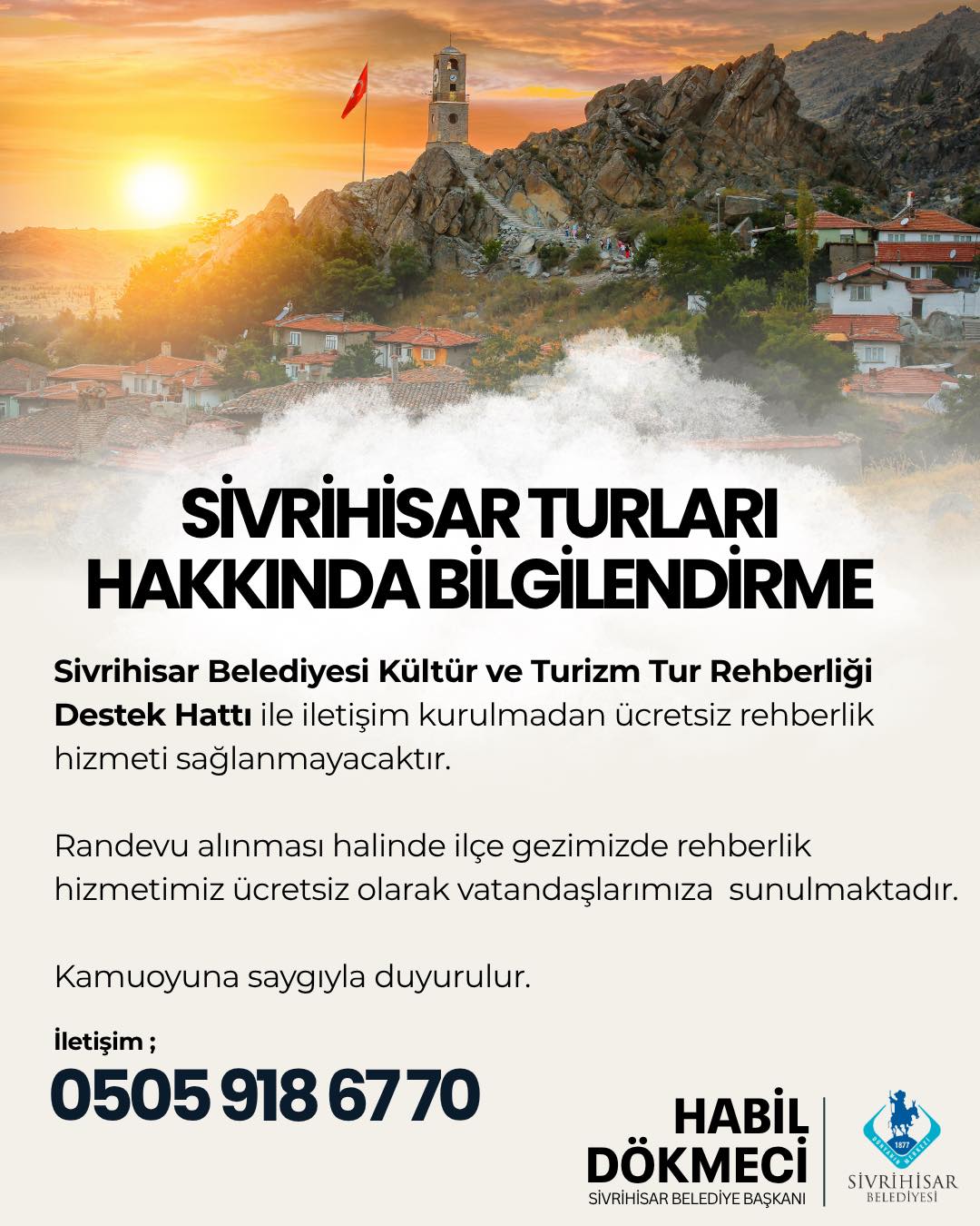 Sivrihisar’ımızı daha yakından tanımak isteyen vatandaşlarımız için düzenlediğimiz tur rehberliği hizmetimiz, randevu sistemiyle ücretsiz olarak sunulmaktadır.